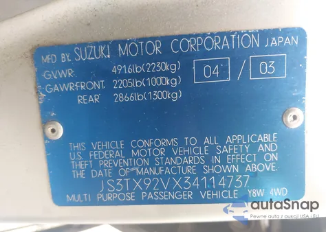 2003 Suzuki Xl-7 Ltd/Touring from USA, damaged, VIN JS3TX92VX34114737